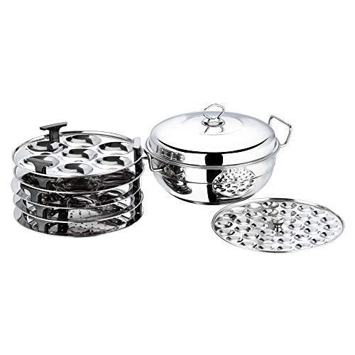 Vinod 6 Pc Stainless Deluxe Multi Kadai Set: 2 Idli Plates,2 Dhokla Plates,1 Patra Plate & 1 Mini Idli Plate- 2Yr Warranty,Silver (Induction Friendly)