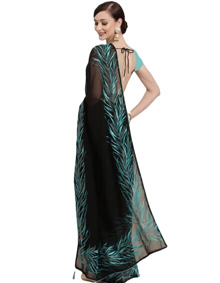 Women Free Size Black & Blue Floral Embroidered Saree