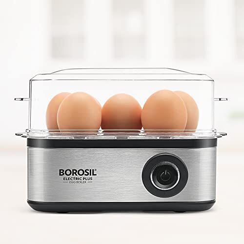 Borosil Electric Egg Boiler, 8 Egg Capacity, For Hard, Soft, Medium Boiled Eggs, Steamed Vegetables, Transparent Lid, Stainless Steel Exterior (500 Watts)