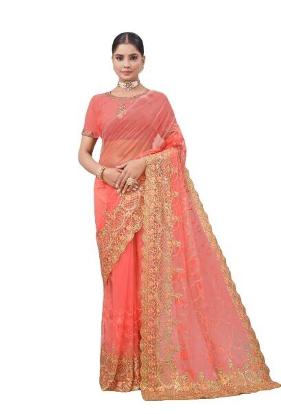 Radhe Radhey Women's New Georgette Embridered Sari With Unstitched Blouse Piece(Free Size) (peach)