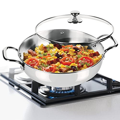 Milton Pro Cook Stainless Steel Sandwich Bottom Induction Kadhai with Glass Lid, 26 cm / 3.51 litres, Steel Plain | Dishwasher Safe | Flame Safe | Gas Stove Safe | Hot Plate Safe | SS Handle