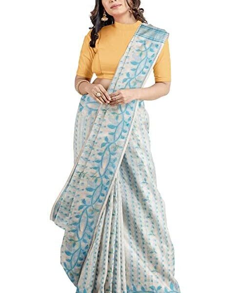 OISHANI SAREE GHOR Women's Traditional Bengal Cotton Silk Belpata Jamdani Saree (White SkyBlue)