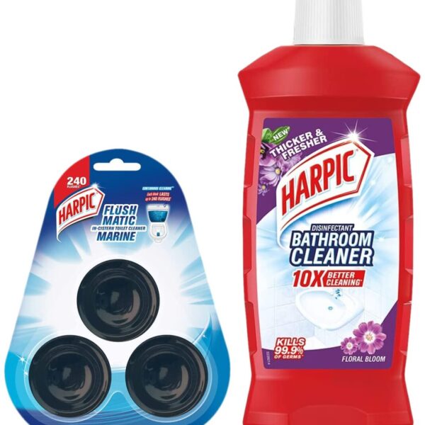 Harpic Flushmatic In-Cistern Toilet Cleaner Blocks, Marine - 150 g | Lasts Upto 240 Flushes & Disinfectant Bathroom Cleaner Liquid, Floral - 1 L | India's # 1 Bathroom Cleaner