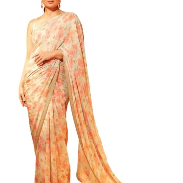 Sidhidata Women's Georgette Floral Printed Saree With Unstitched Blouse Piece (Kareena Flower_Cream_Free Size)