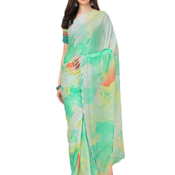 RAJESHWAR FASHION WITH RF Women's Colorblock Printed Chiffon Sarees For Women With Diamond Scalloping & Digital Print Blouse(Turquoise_Multicolored_Free Size 6.30)