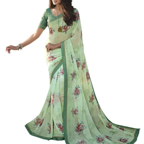 ROOP SUNDARI SAREES Women's Floral Printed Georgette Saree For Women Top Selling Hit Sari Sadi With Dyeable Lace Border With Banglori Blouse(A54 light firozi_Multicolored_Free Size 6.30)