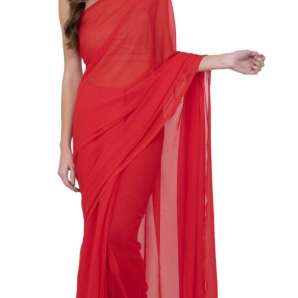 LIME Plain Georgette Red Saree With Blouse Piece For Women (Free Size)