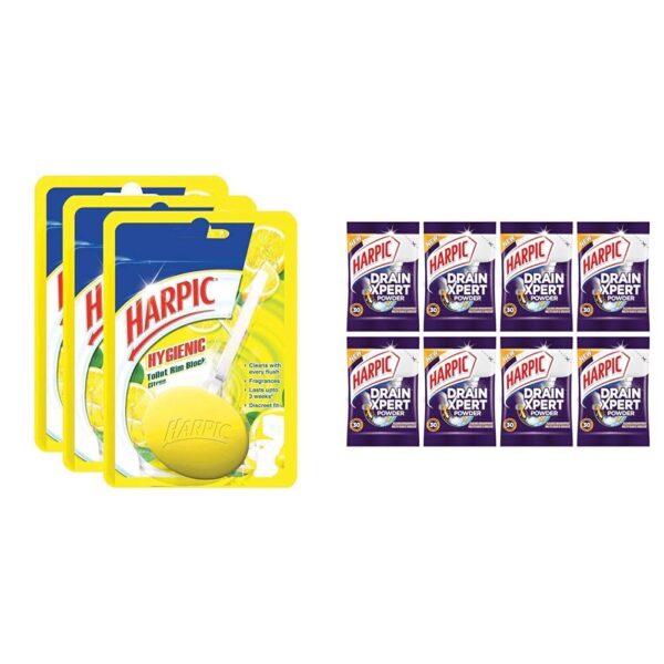 Harpic Hygienic Toilet Cleaner Rim Block, Citrus - 26 g (Pack of 3) | & Harpic (50g x 8), DrainXpert Drain Cleaner Powder | Effective Sink Cleaner, Drain Blockage Remover, Drain Pipe Cleaner