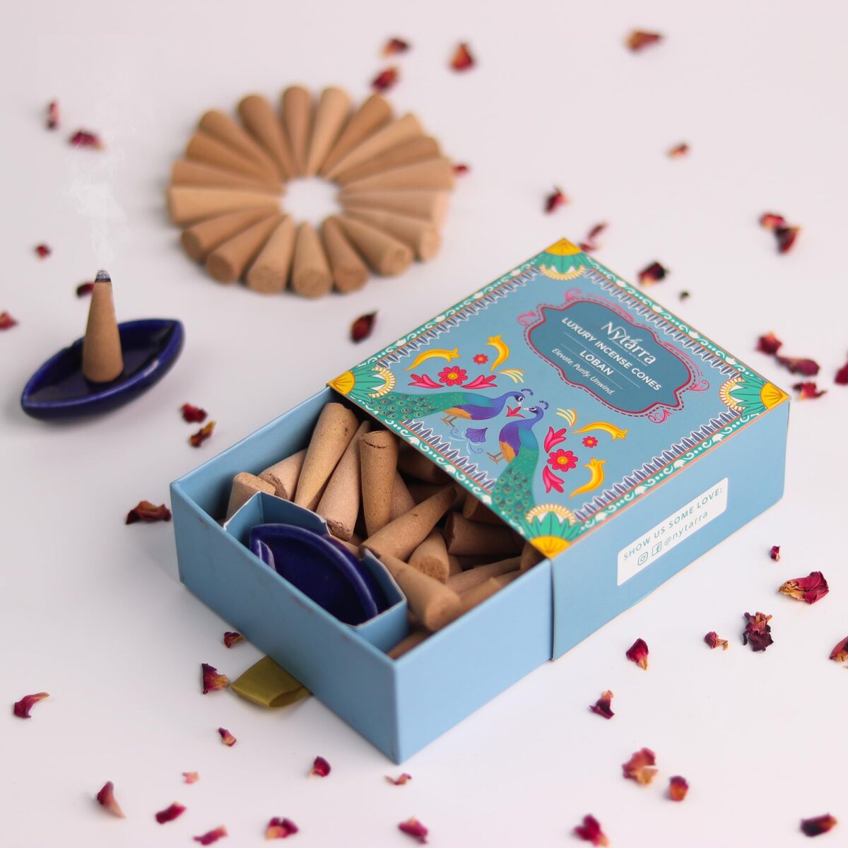 Nytarra's Loban Luxury Incense Cones | 40 pcs | Special Ceramic Holder | Dhoop Cones for Fragrance | Dhoop Cones for Pooja, Home, Office, Aromatherapy & Meditation