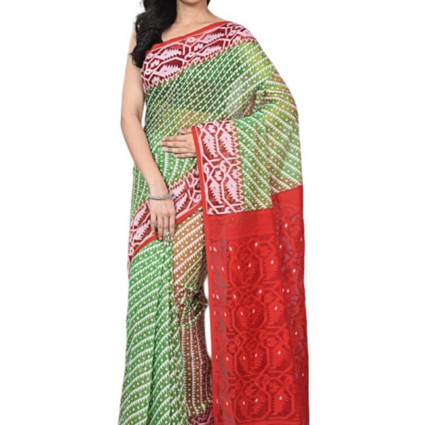 OISHANI SAREE GHOR Women's Traditional Bengal Cotton Resham Jamdani Sarees (Green Red)