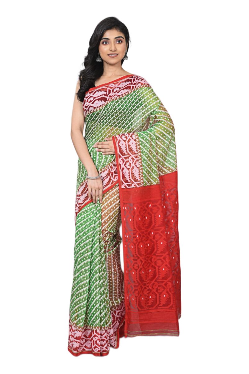 OISHANI SAREE GHOR Women's Traditional Bengal Cotton Resham Jamdani Sarees (Green Red)