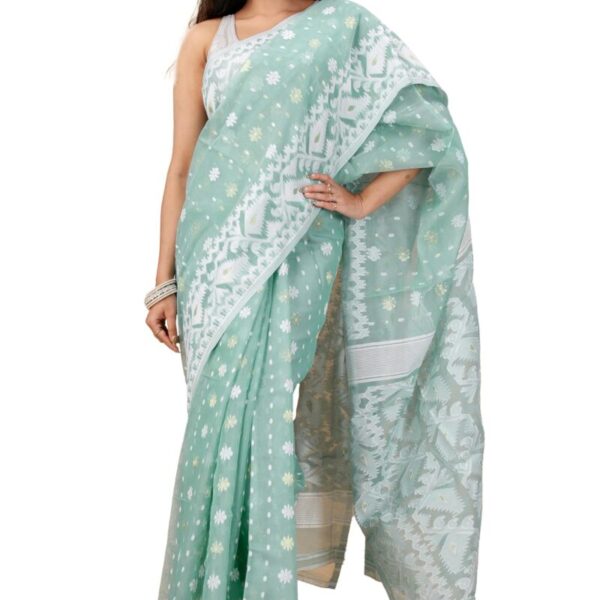 OISHANI SAREE GHOR Women's Traditional Bengal Cotton Silk Soft Jamdani Saree - Beautiful design and Quality - Without Blouse Piece (Pastel Turquoise)