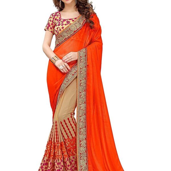 Nena Fashion Women's Synthetic Saree With Blouse (orange lycra sari_Orange_Free Size_ orange)