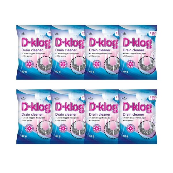 D-Klog Drain Cleaner Powder (40g x 8 Units), Removes Clogs, Blockages in Washbasin, Septic Tank, Sinks, Pipes within 30 mins.Drain expert | Sink cleaner| Toilet Cleaner | No manual hassle required
