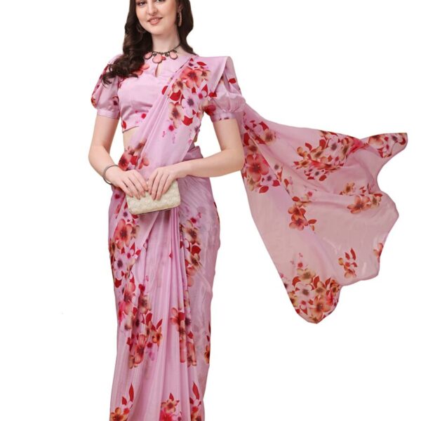 Sidhidata Women's Chifon Georgette Printed Ready To Wear Draped Saree With Unstitched Blouse Piece (Mogra Pink_Pink_Free Size)