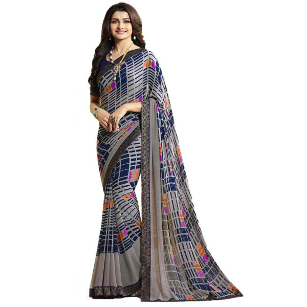 RAJESHWAR FASHION WITH RF Women's Block Printed Georgette Sarees For Women With Jacquard Lace Border & Blouse(A16 ROYAL BLUE_Multicolored_Free Size 6.30 Mtr)
