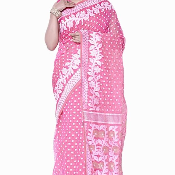 OISHANI SAREE GHOR Women's Traditional Cotton Silk Dhakai Jamdani Pink Saree, (OSG_Pink_115)