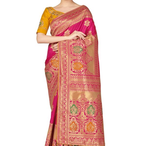 Monjolika Fashion Women's Woven Silk Saree With Blouse Piece (45560_Color_Rani Pink)