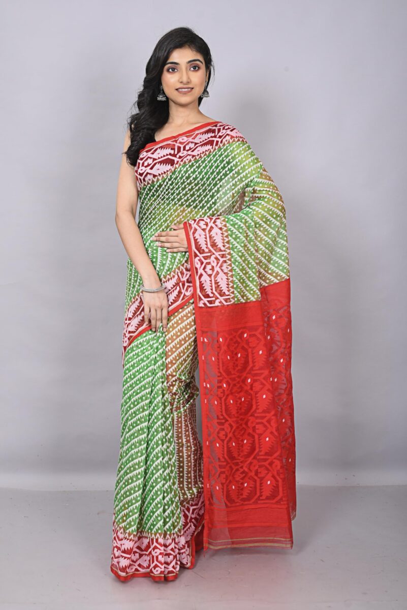 OISHANI SAREE GHOR Women's Traditional Bengal Cotton Resham Jamdani Sarees (Green Red) - Image 3