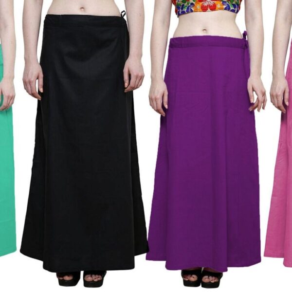 Nikita Women Cotton Saree Underskirt (Pack of 4) (Aqua Green, Black, Dark Violet & Dark Lavender_Free Size)