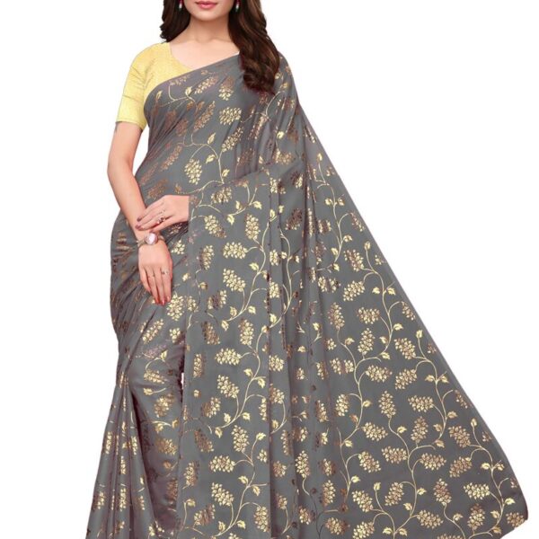 Yashika Silk with Blouse Piece Saree (FOIL Floral Black_Grey_Free Size)