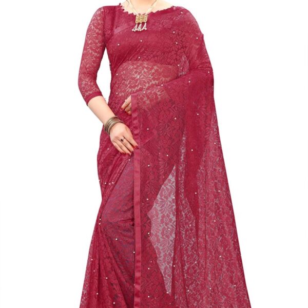LOROFY Women's Net Saree (With Blouse_Free Size) (Maroon)